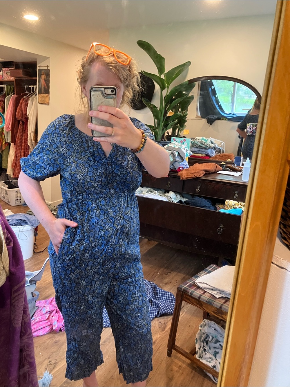 GAP Blue Floral Short-Sleeve Cropped Jumpsuit maternity and nursing friendly
